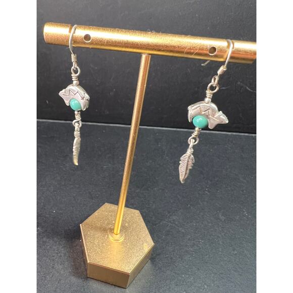 Vintage Sterling Silver Turquoise Earrings – Bear & Feather Motif - Picture 12 of 14